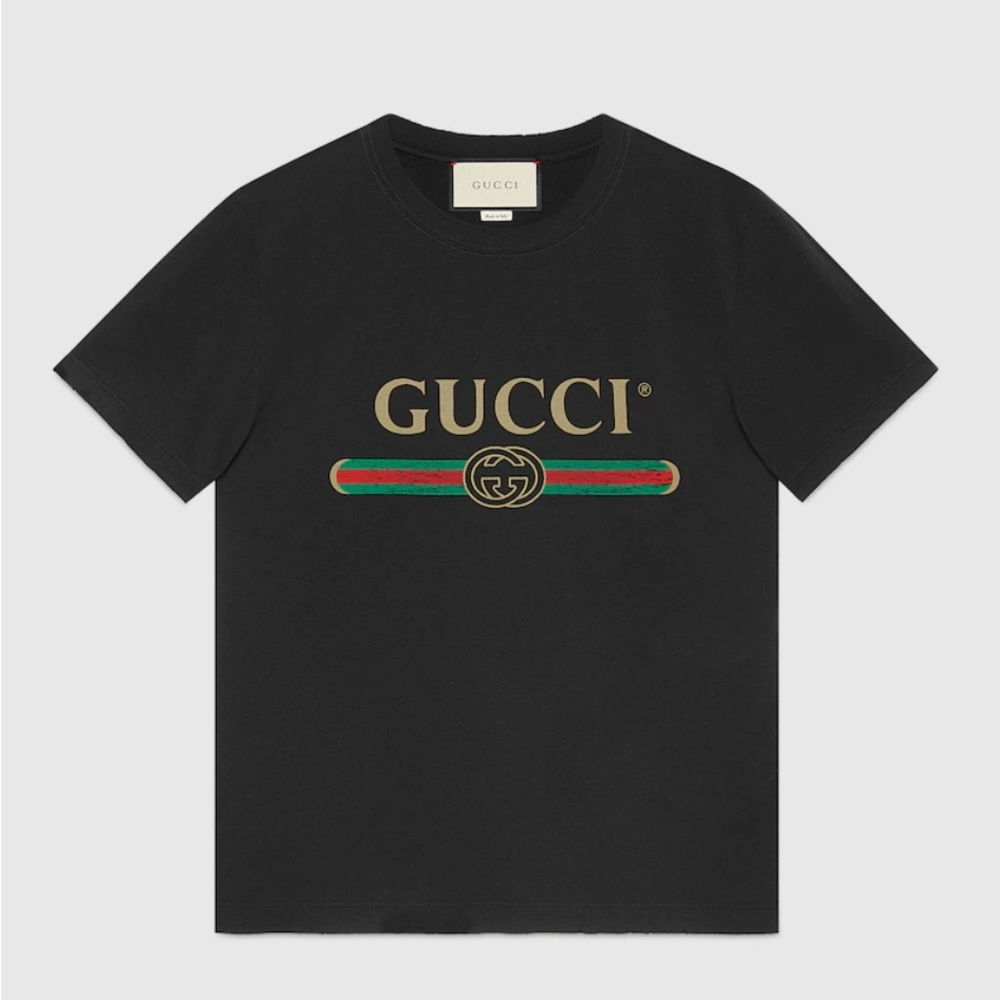GUCCI Unisex Black Tee Shirt with Vintage Washed Logo in Size Small